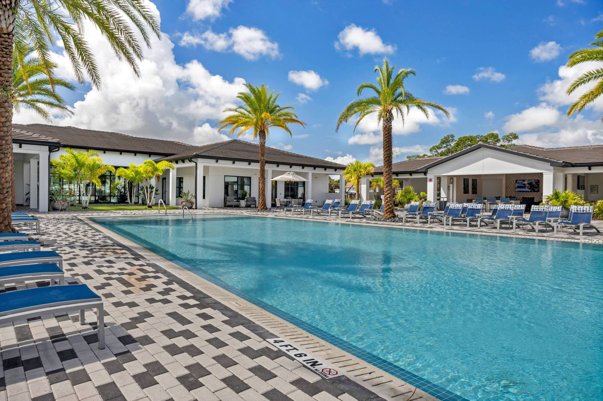 Resort-style pool and sundeck at Avasa Hammock Landing in West Melbourne, FL lined with palm trees and lounge chairs.